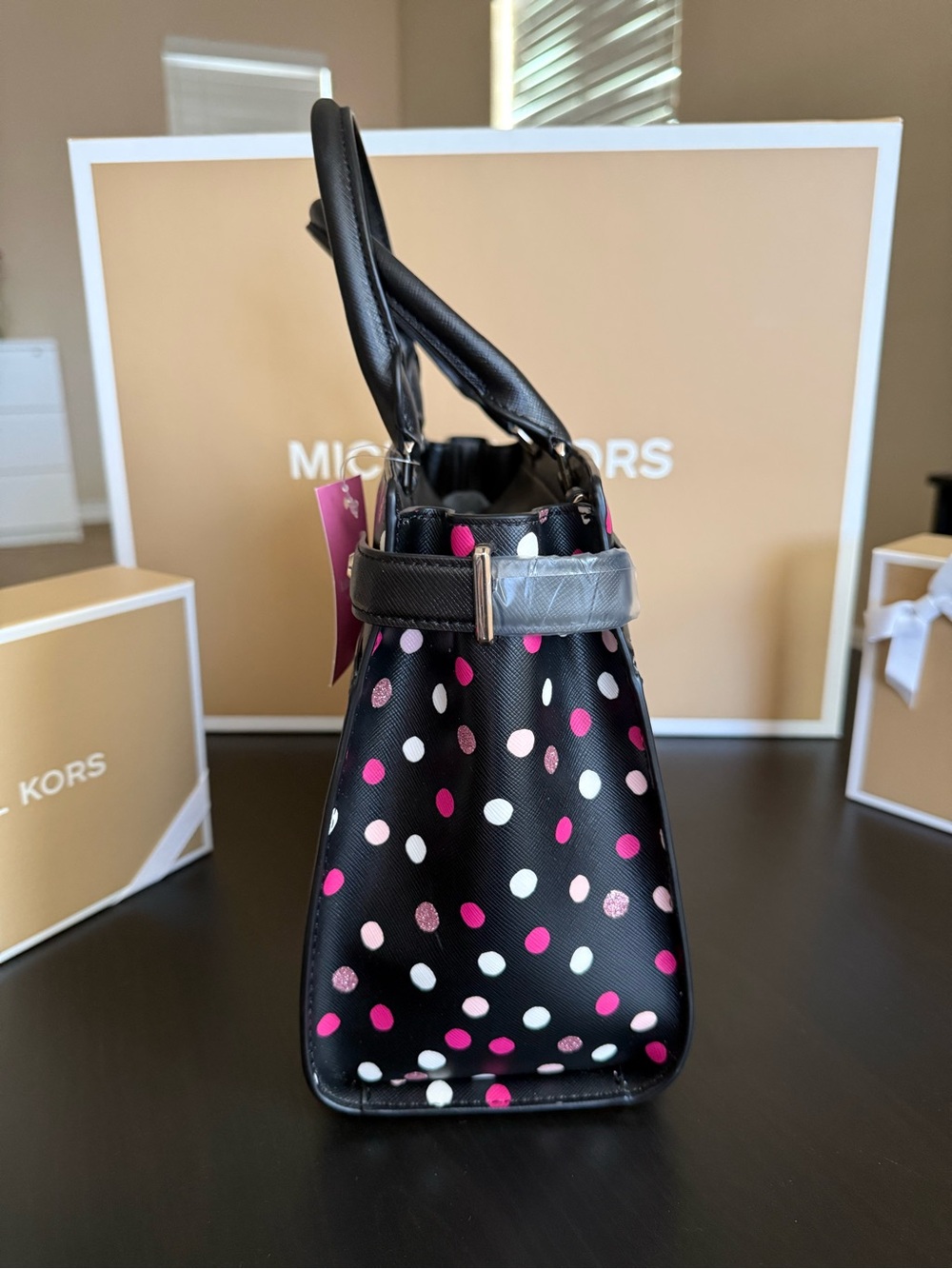 💯% Auethentic Kate Spade Black Polka Dot Satchel with Pink & White Dots - Picture 9 of 12
